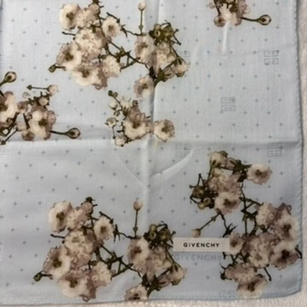 Vtg GIVENCHY Scarf Handkerchief Floral Cotton Light Blue 19.5